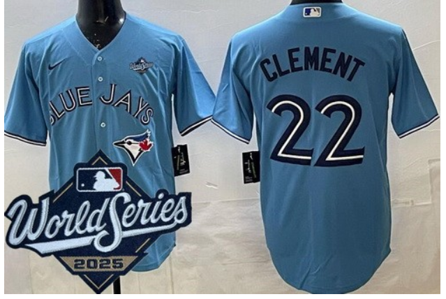Men Toronto Blue Jays #22 Ernie Clement Light Blue 2025 World Series Cool Base Jersey
